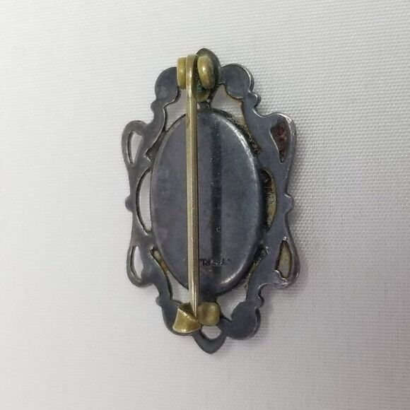 Antique Sterling Silver Mother of Pearl Victorian Oval Brooch Scroll Design - Picture 3 of 8